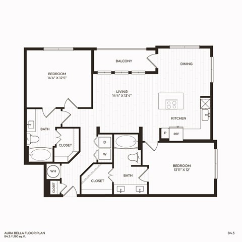 Floor plan for 2 beds, 2 baths, 1180 sqft